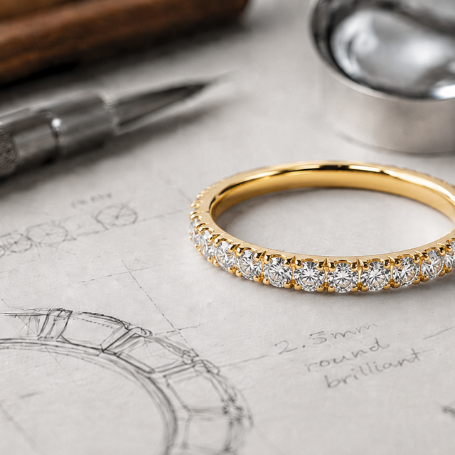 A yellow gold diamond eternity ring on a jeweller's bench beside its hand-drawn design