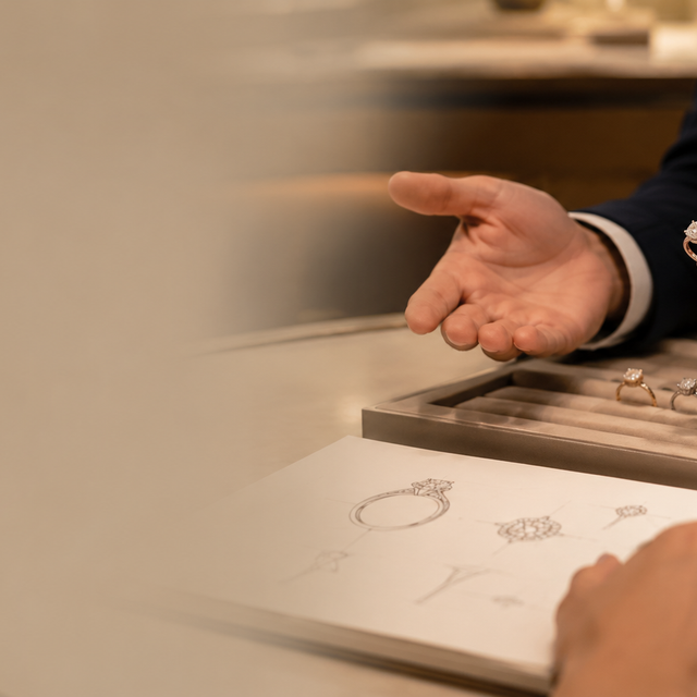 A jeweller talking a customer through ring designs and sketches at a consultation