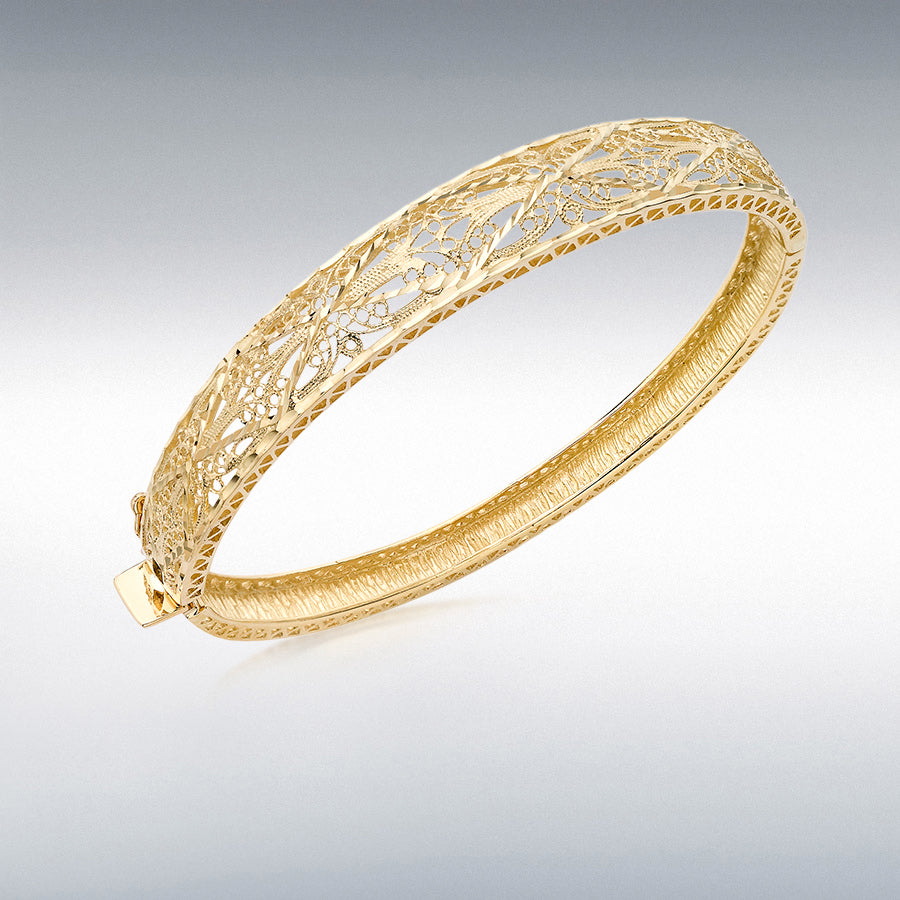 18ct Yellow Gold Diamond-Cut Textured Filigree Bangle