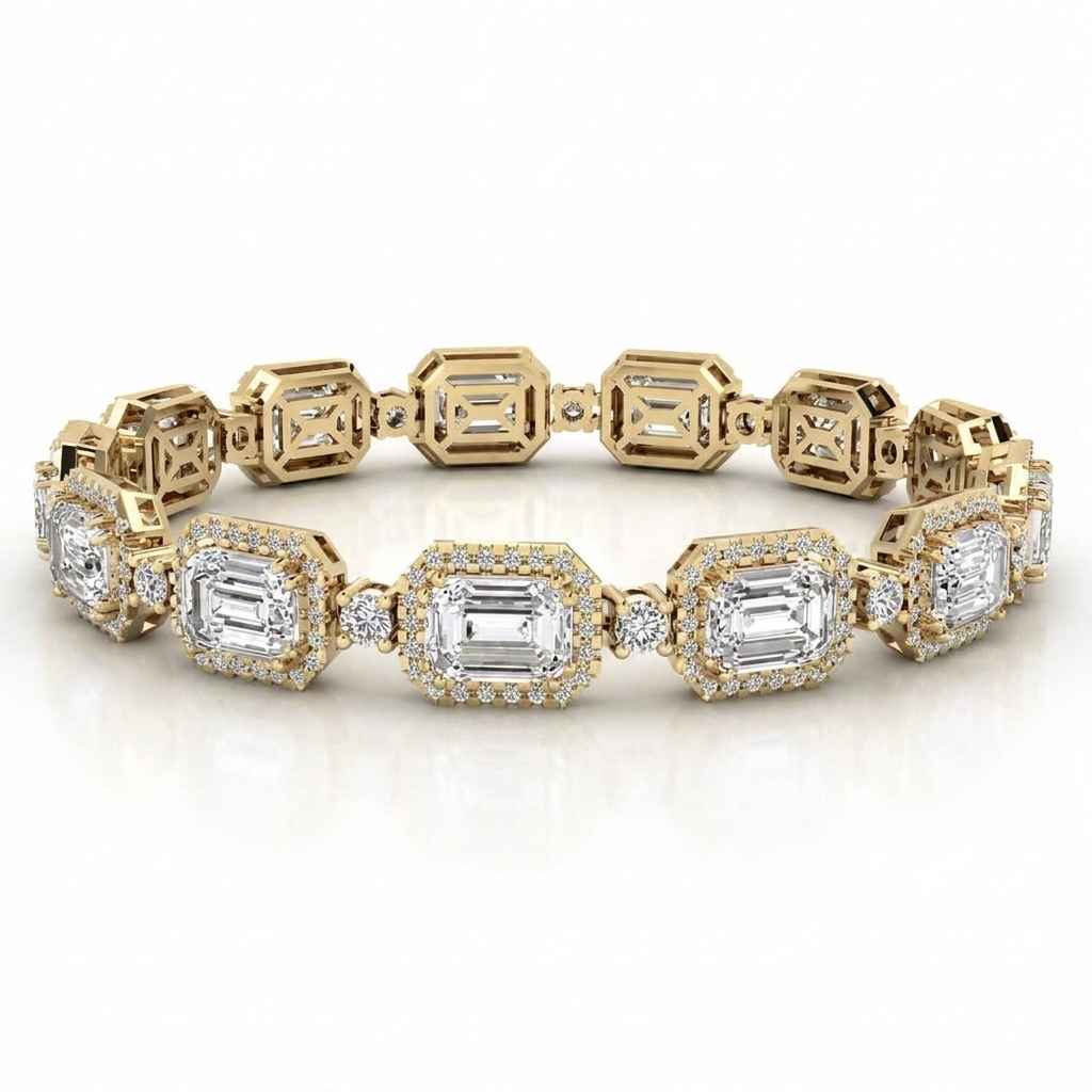 Emerald-Cut Diamond Halo Bracelet, 11.00ct total in Yellow Gold