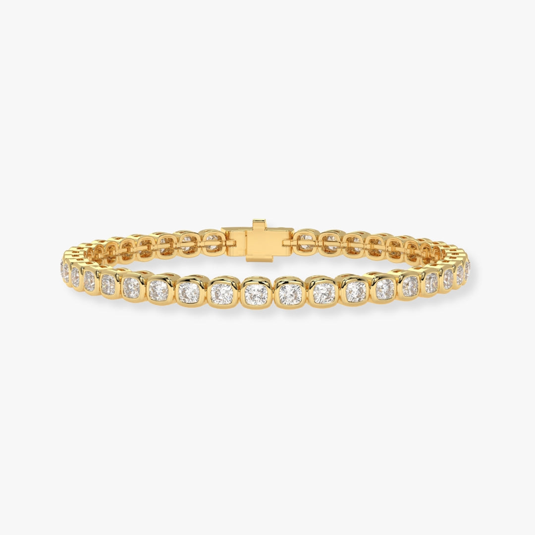 Bezel-Set Cushion Diamond Tennis Bracelet, 9.30ct total in Yellow Gold
