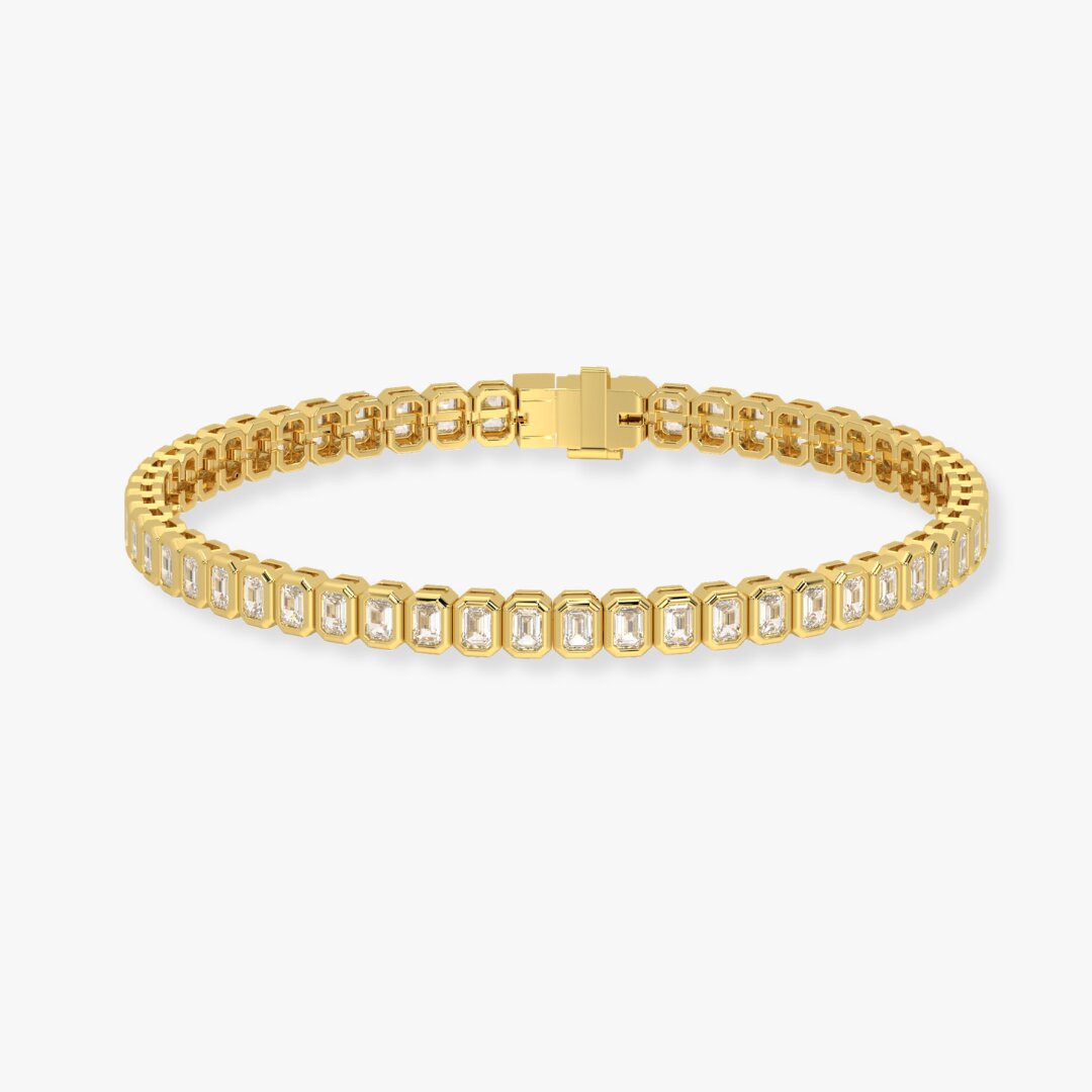 Bezel-Set Emerald-Cut Diamond Tennis Bracelet, 4.00ct total in Yellow Gold
