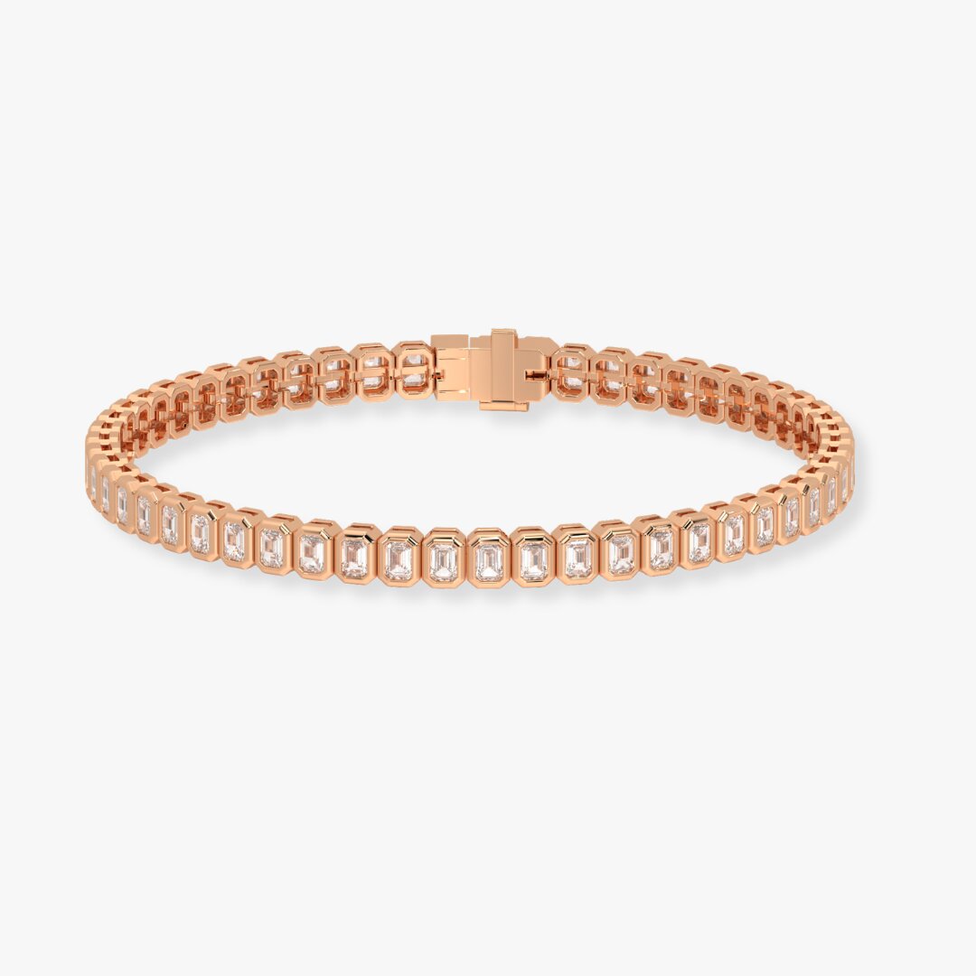 Bezel-Set Emerald-Cut Diamond Tennis Bracelet, 4.00ct total in Rose Gold