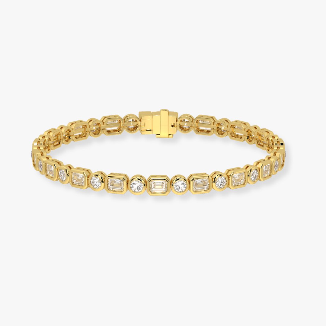 Bezel-Set Mixed-Cut Diamond Tennis Bracelet, 5.80ct total in Yellow Gold