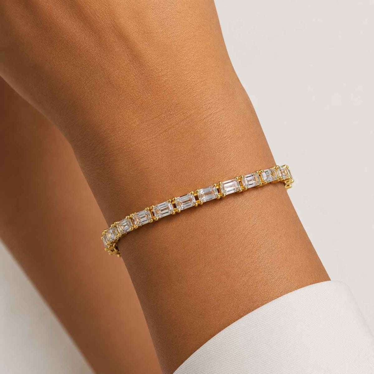 Bezel-Set Emerald-Cut Diamond Tennis Bracelet, 6.50ct total in Yellow Gold