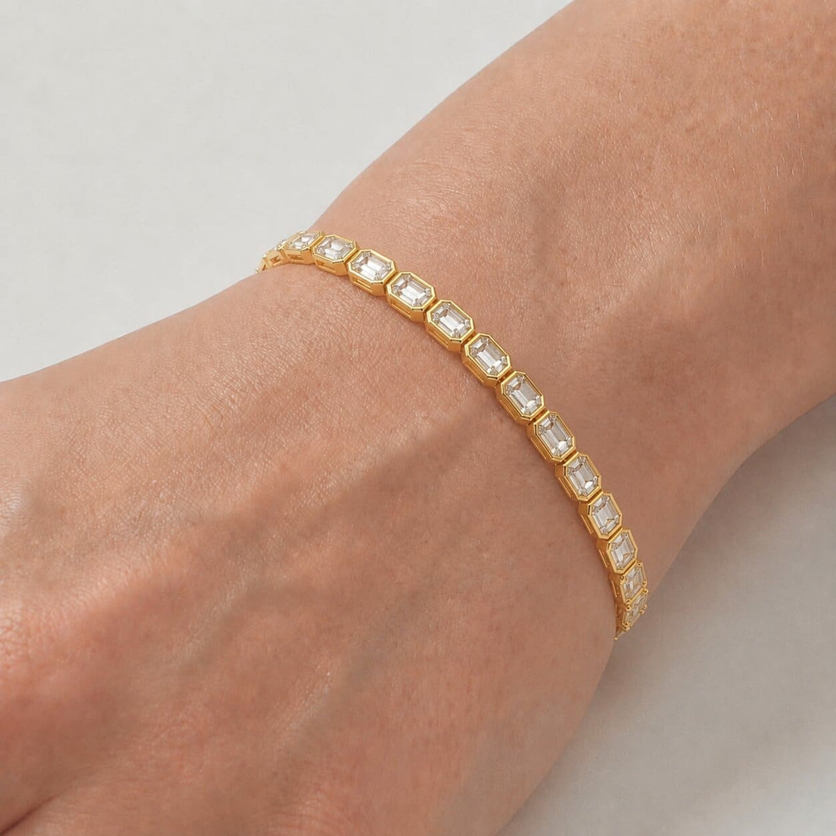 Bezel-Set Emerald-Cut Diamond Tennis Bracelet, 3.75ct total in Yellow Gold