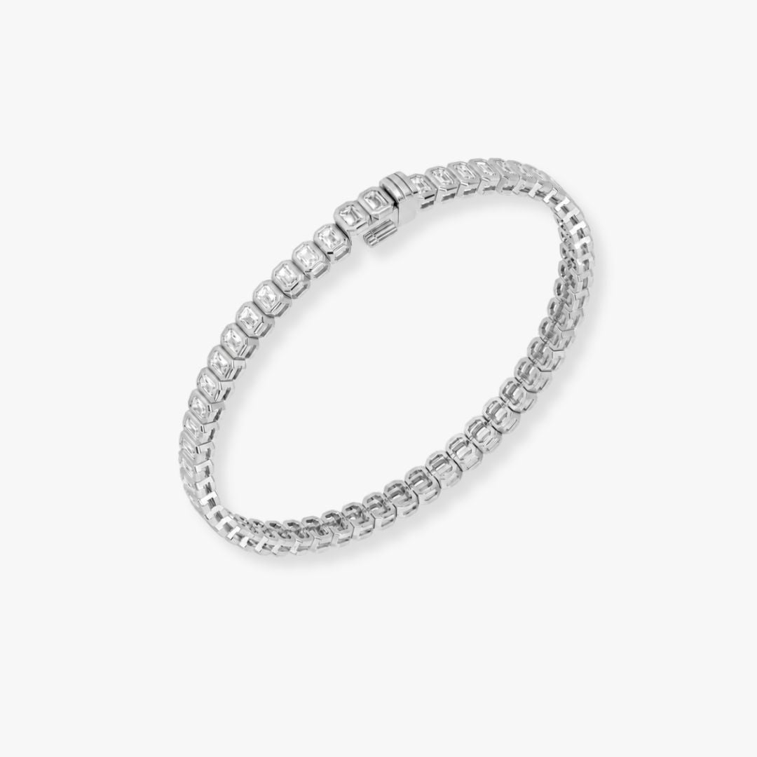 Bezel-Set Emerald-Cut Diamond Tennis Bracelet, 4.00ct total in White Gold