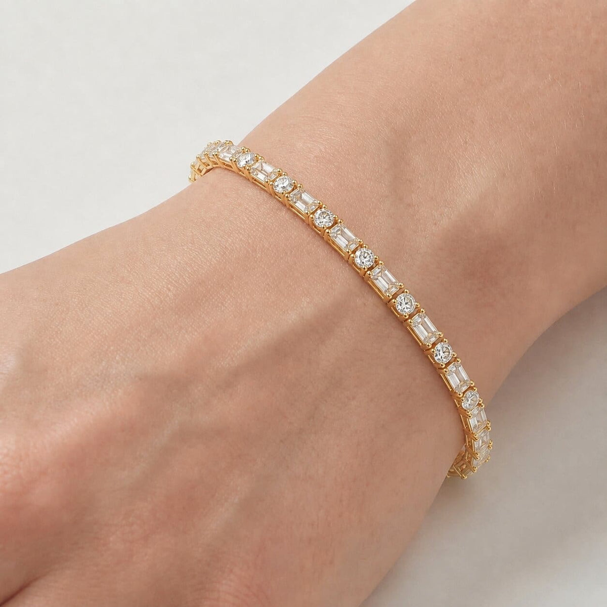 Bezel-Set Mixed-Cut Diamond Tennis Bracelet, 6.85ct total in Yellow Gold