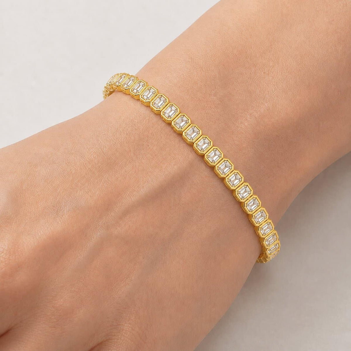 Bezel-Set Emerald-Cut Diamond Tennis Bracelet, 4.00ct total in Yellow Gold