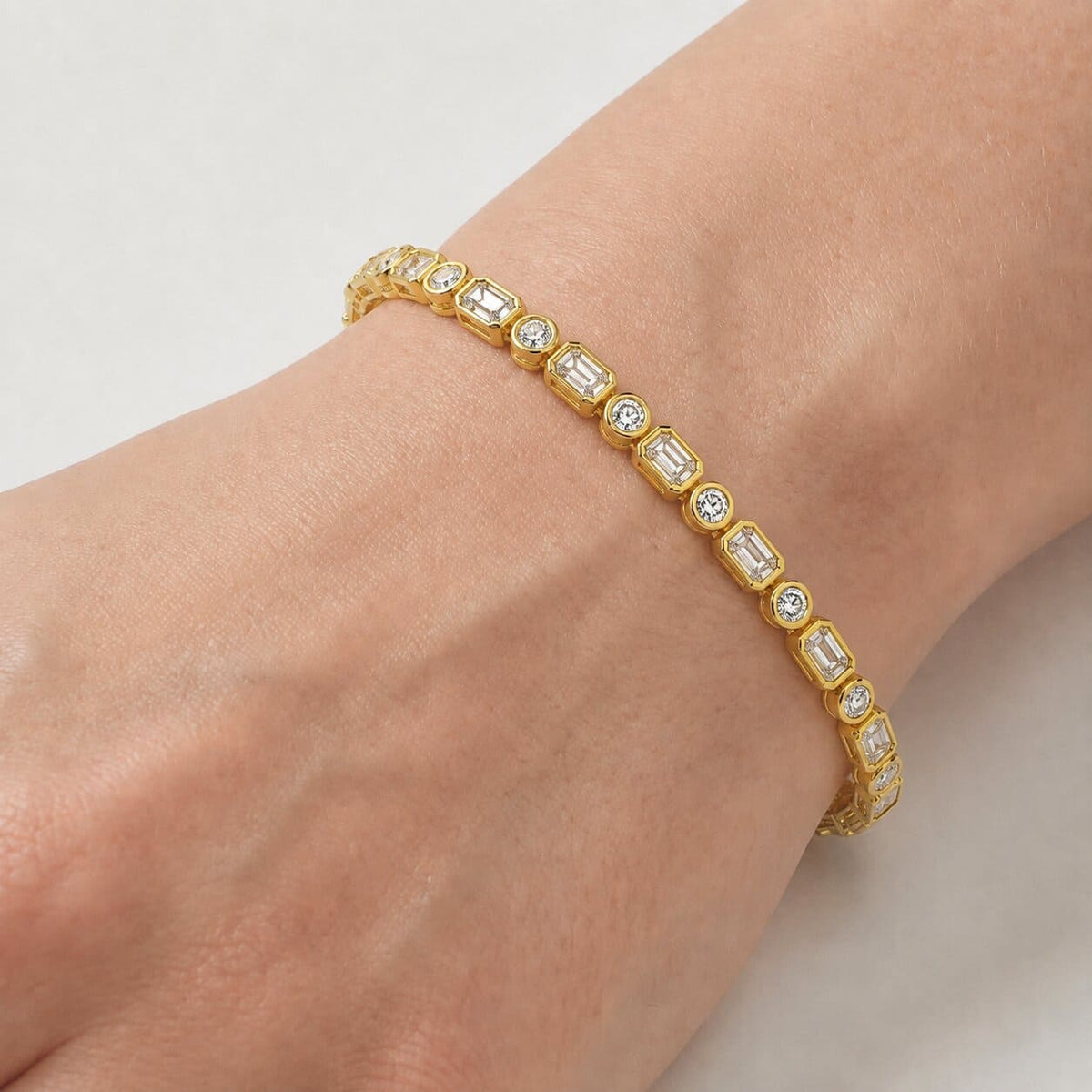 Bezel-Set Mixed-Cut Diamond Tennis Bracelet, 5.80ct total in Yellow Gold