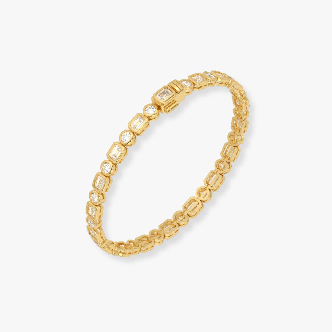 Bezel-Set Mixed-Cut Diamond Tennis Bracelet, 5.80ct total in Yellow Gold