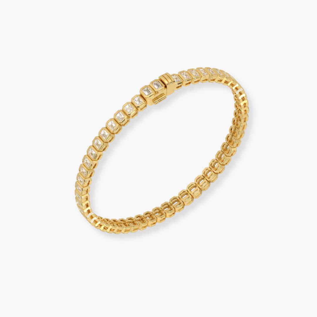 Bezel-Set Emerald-Cut Diamond Tennis Bracelet, 4.00ct total in Yellow Gold