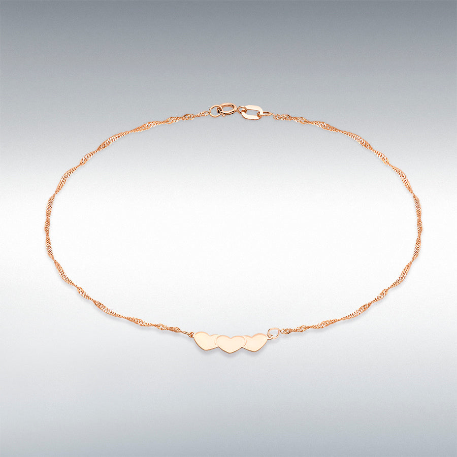 9ct Rose Gold 3-Heart Twist Curb Chain Anklet