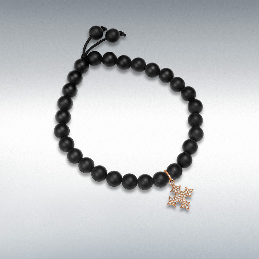 9ct Rose Gold Diamond Cross and Onyx Bead Bracelet, 0.12ct total