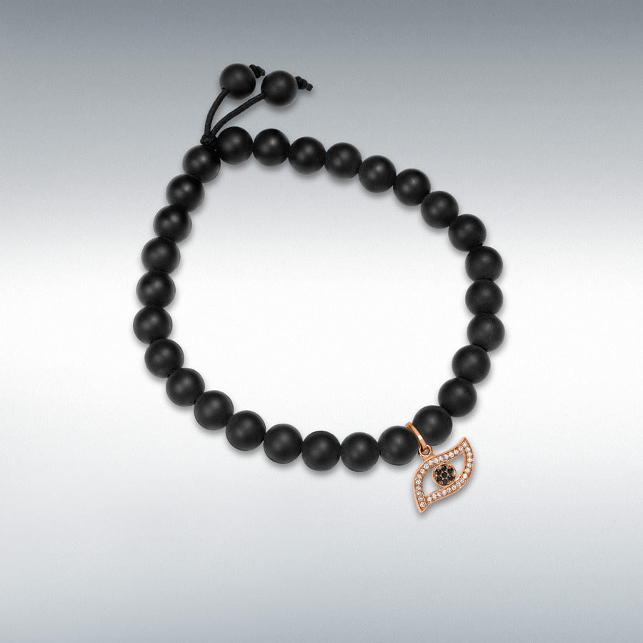 9ct Rose Gold Diamond Evil Eye and Onyx Bead Bracelet, 0.23ct total