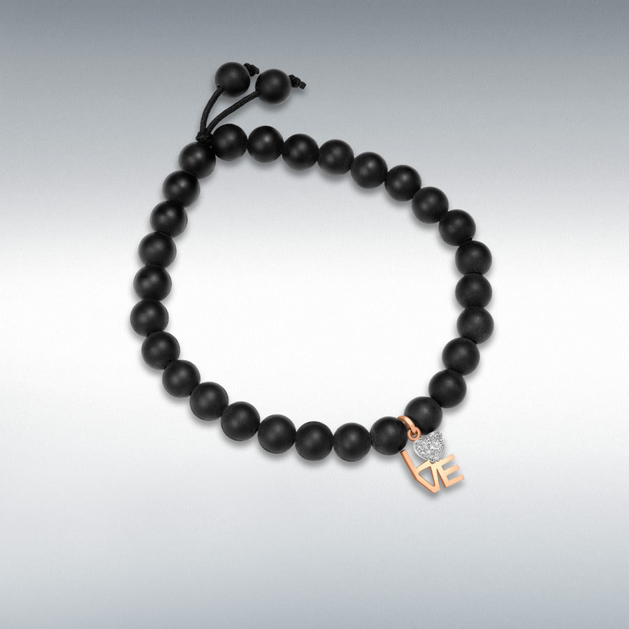 9ct Rose Gold Diamond Love and Onyx Bead Bracelet, 0.05ct total