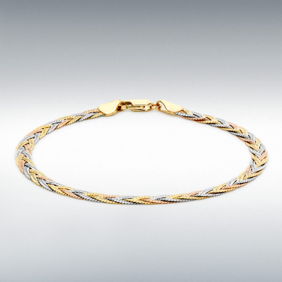9ct Three-Colour Gold 3-Plait Textured Herringbone Bracelet