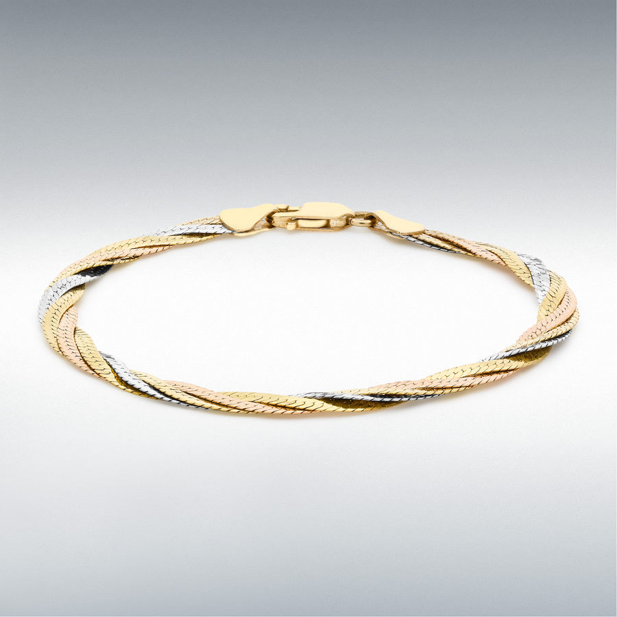 9ct Three-Colour Gold 4-Plait Diamond-Cut Herringbone Bracelet