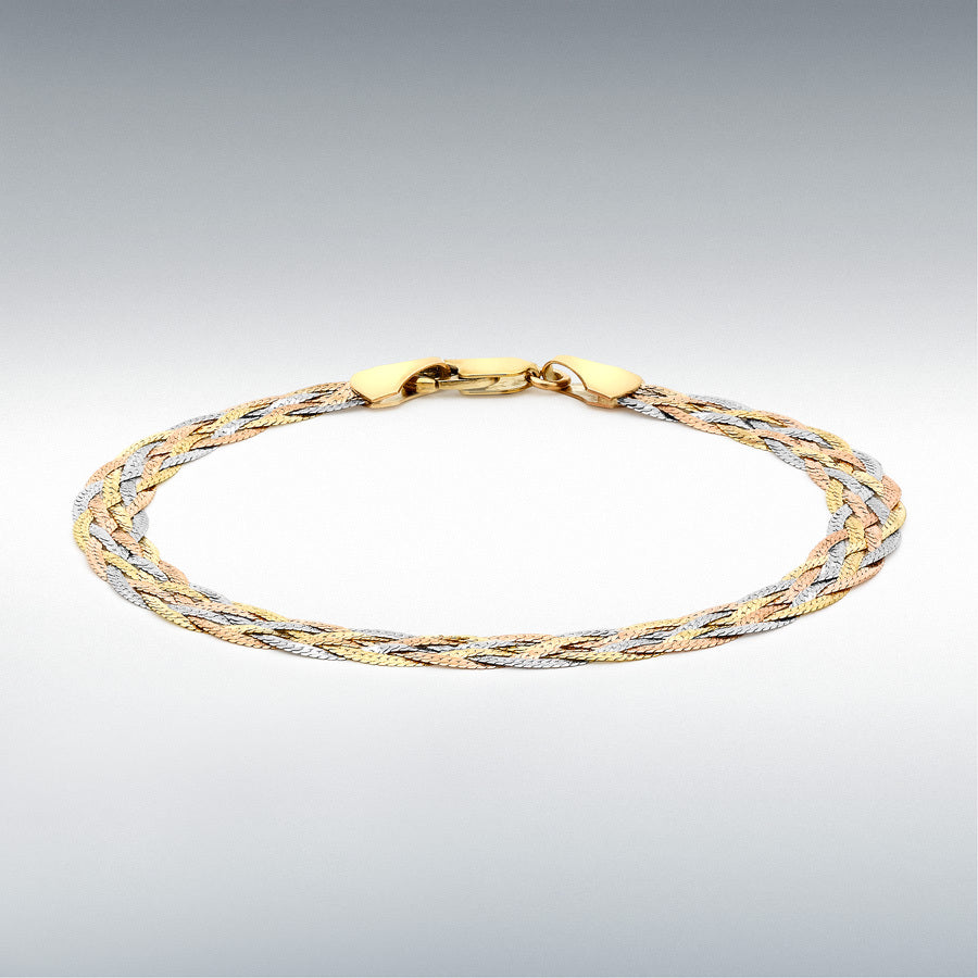 9ct Three-Colour Gold 6-Plait Textured Herringbone Bracelet