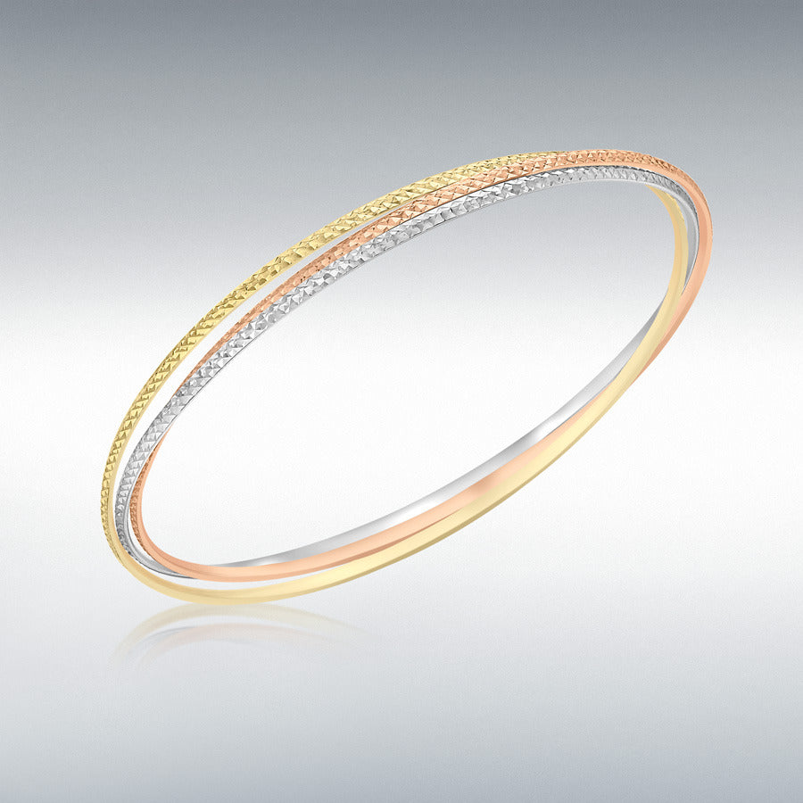 9ct Three-Colour Gold Diamond-Cut Russian Bangle