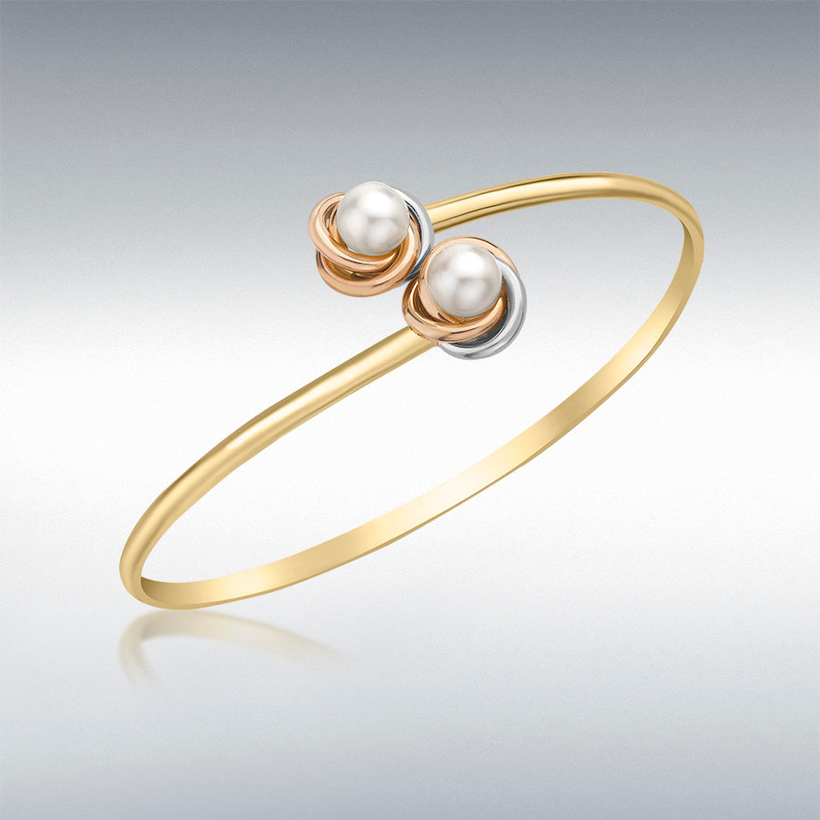 9ct Three-Colour Gold Freshwater Pearl Double-Knot Flexible Torque Bangle