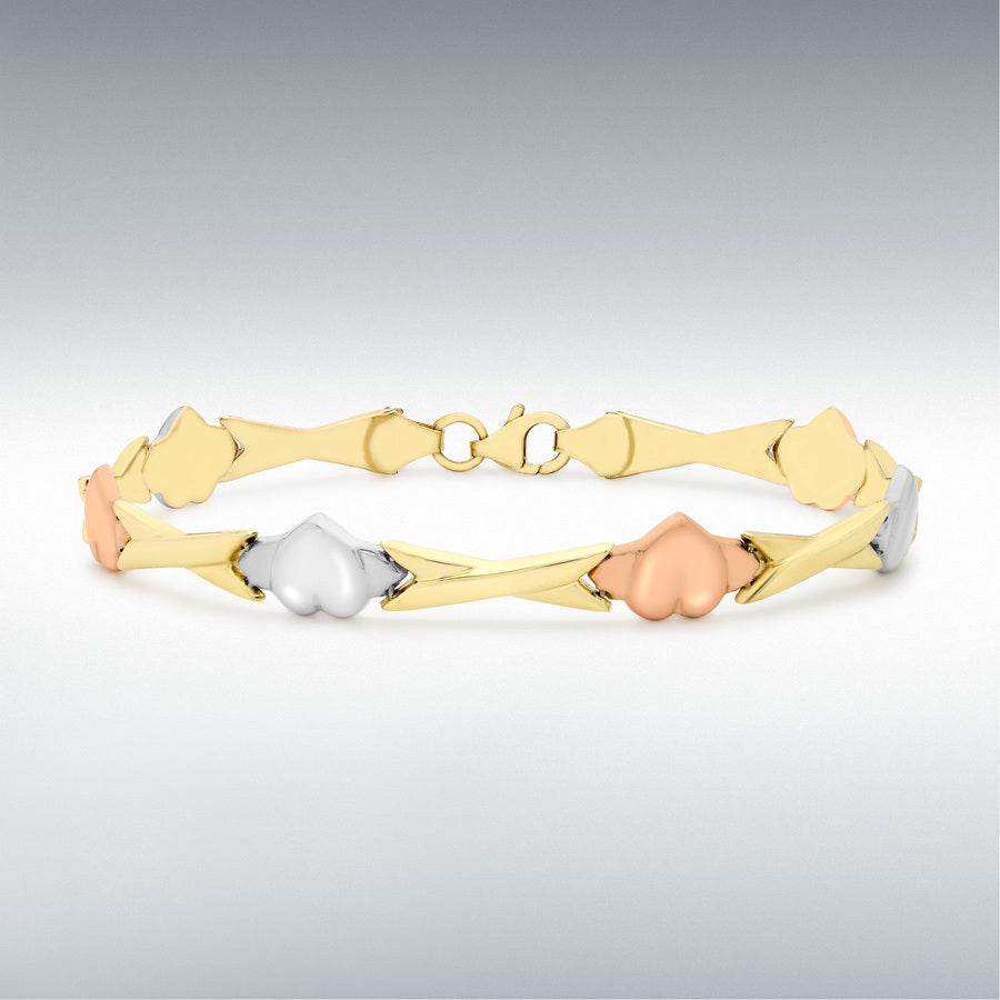 9ct Three-Colour Gold Heart and Kiss Link Bracelet