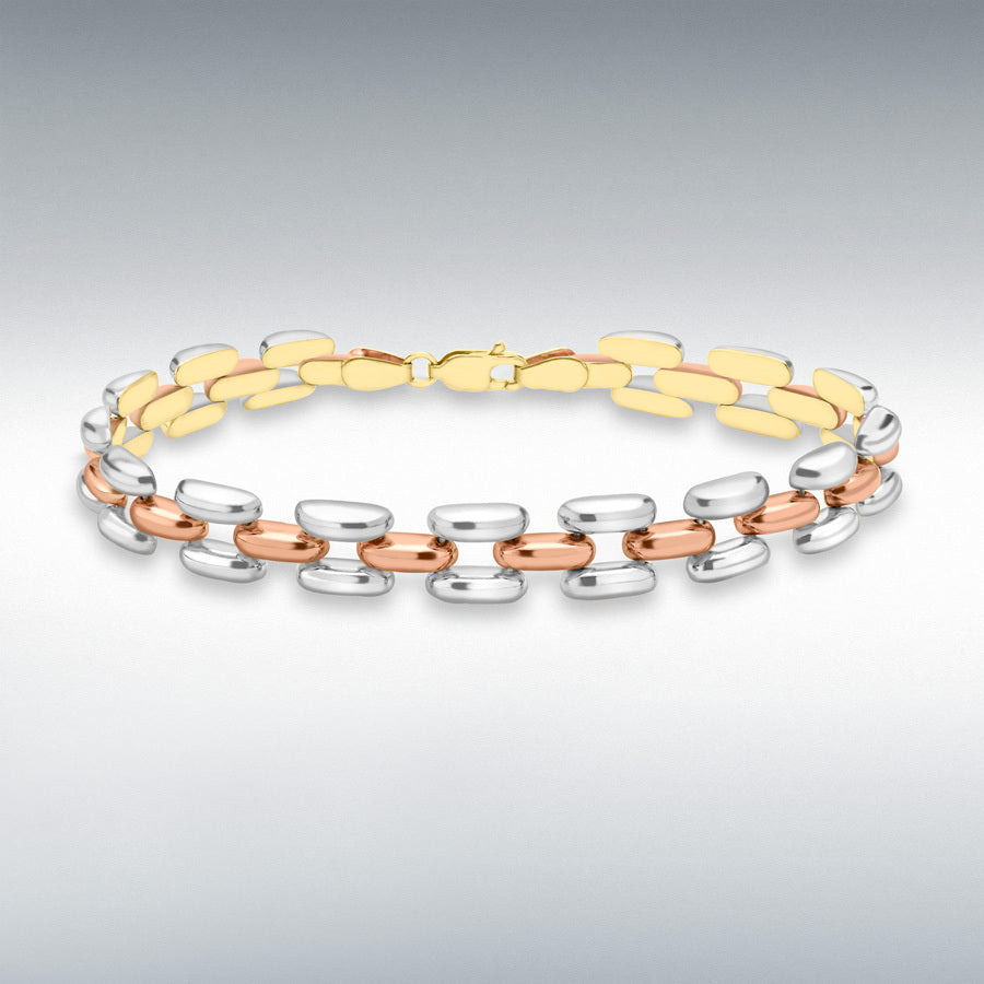9ct Three-Colour Gold Open Brick Link Bracelet