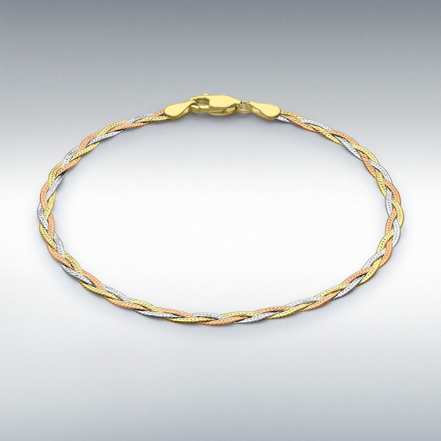 9ct Three-Colour Gold Triple Plait Diamond-Cut Herringbone Bracelet