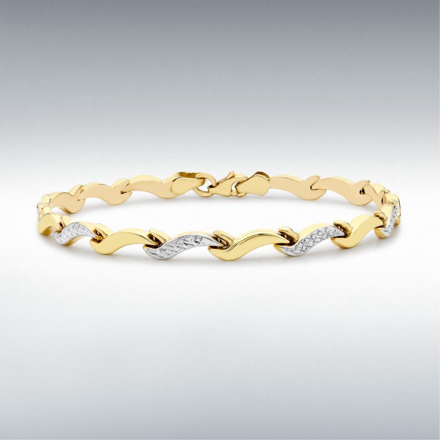 9ct Two-Colour Gold 4mm Diamond-Cut Wave Link Bracelet