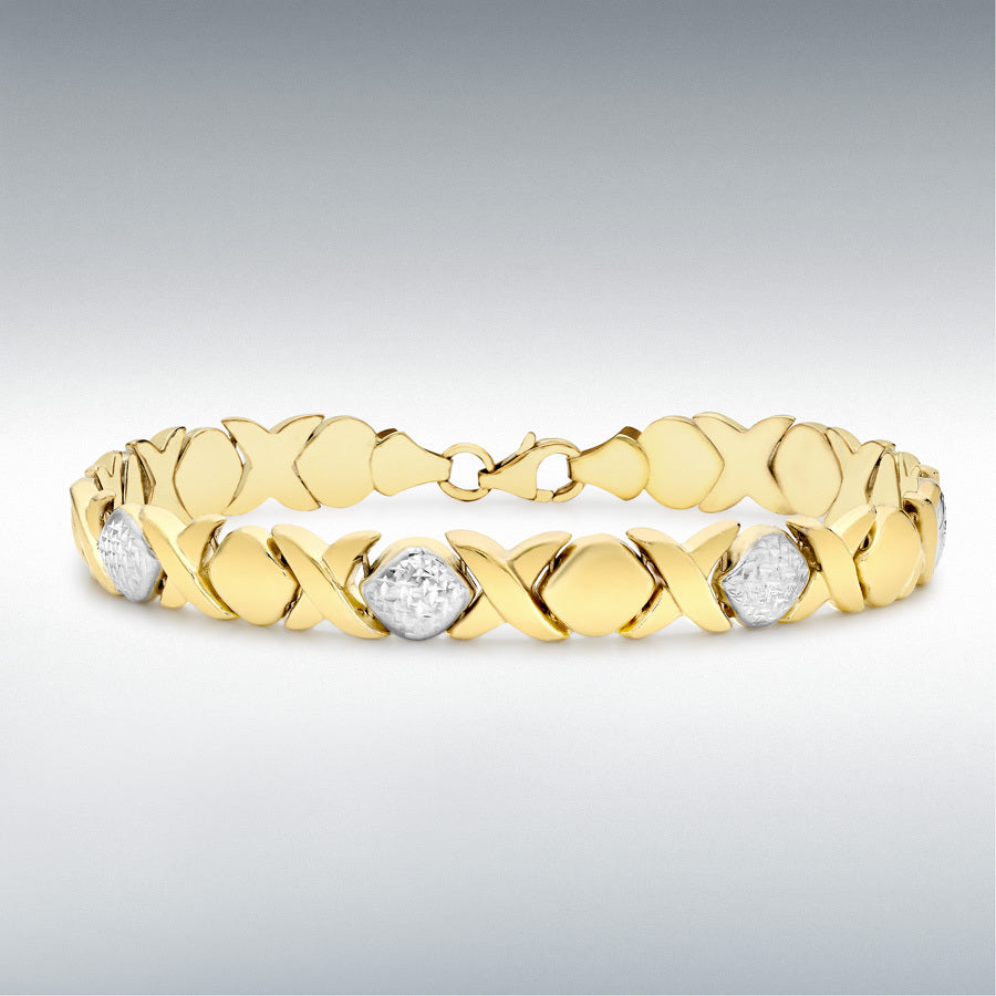 9ct Two-Colour Gold 8mm Diamond-Cut Hugs and Kisses Link Bracelet