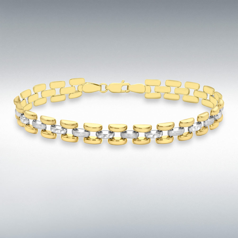 9ct Two-Colour Gold Diamond-Cut and Satin Polished Brick Link Bracelet