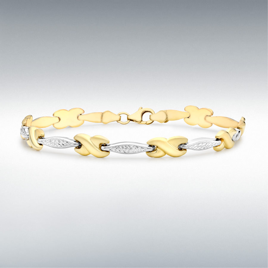 9ct Two-Colour Gold Diamond-Cut Bar and Kiss Link Bracelet