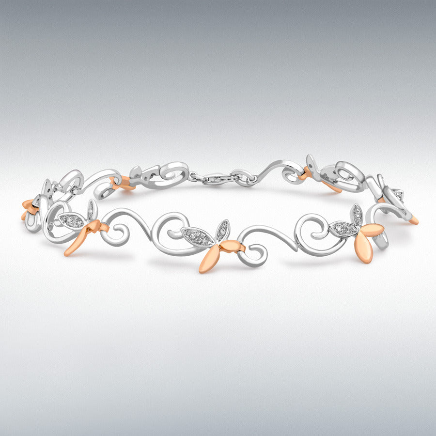 9ct Two-Colour Gold Diamond Flower Swirl Link Bracelet, 0.12ct total