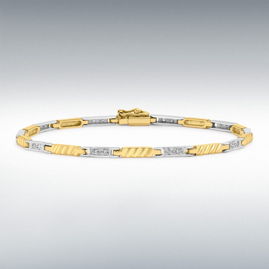 9ct Two-Colour Gold Diamond Grooved Bar Link Bracelet, 0.15ct total