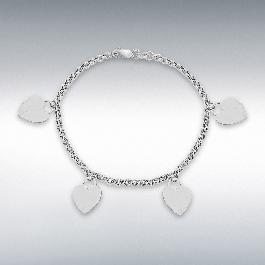 9ct White Gold 4-Heart Round Belcher Chain Bracelet