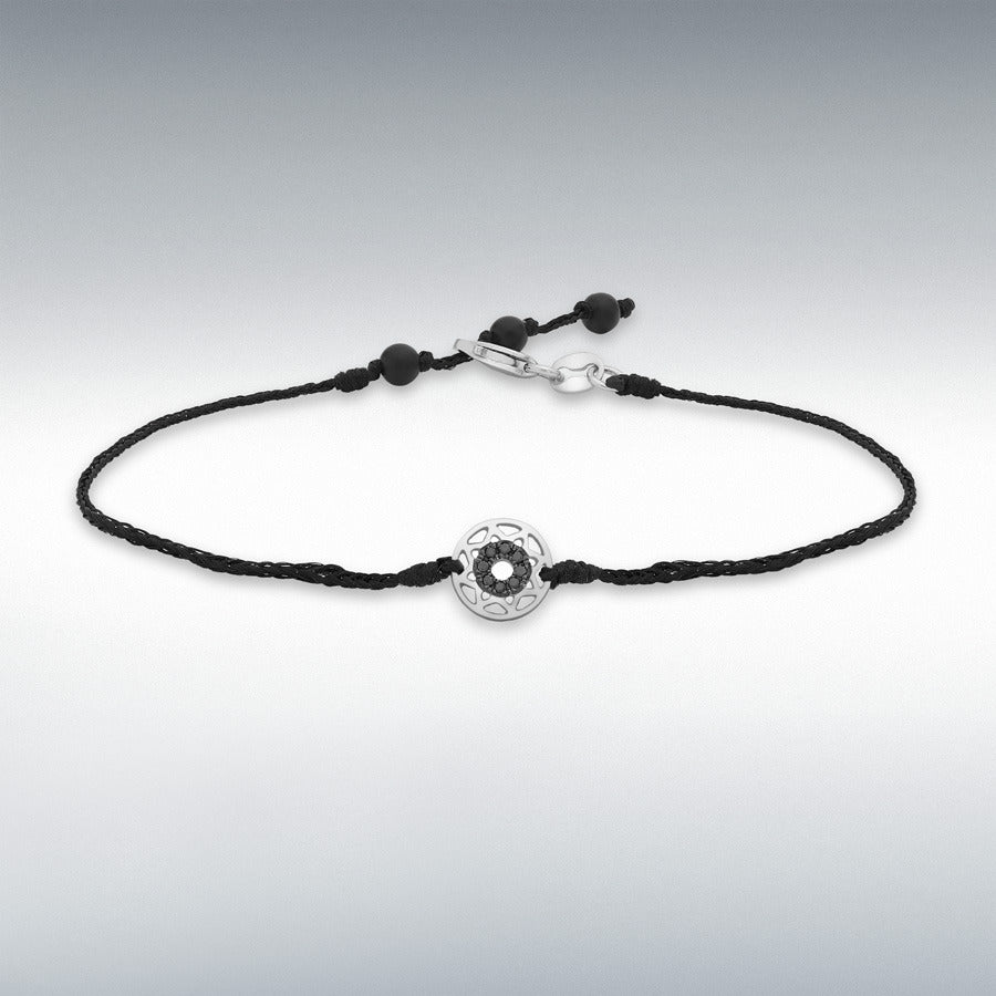 9ct White Gold Black Diamond Disc on Adjustable Black Cord Bracelet, 0.04ct total