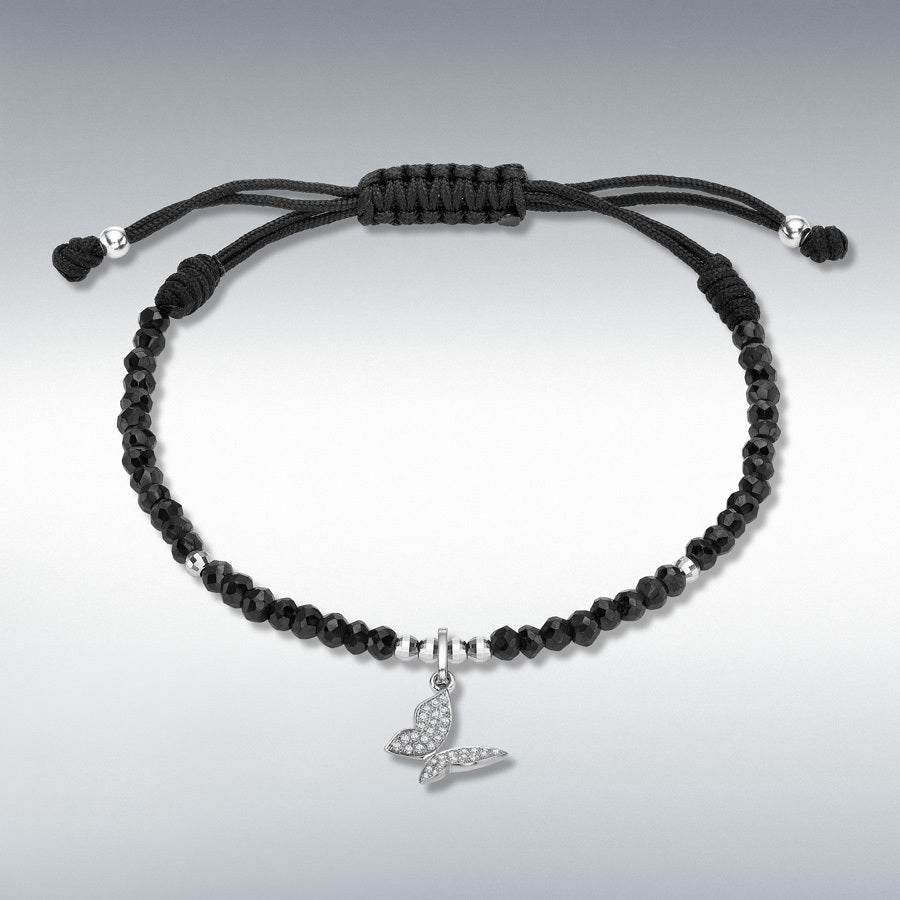 9ct White Gold Diamond Butterfly Charm on Adjustable Black Spinel Bracelet, 0.11ct total