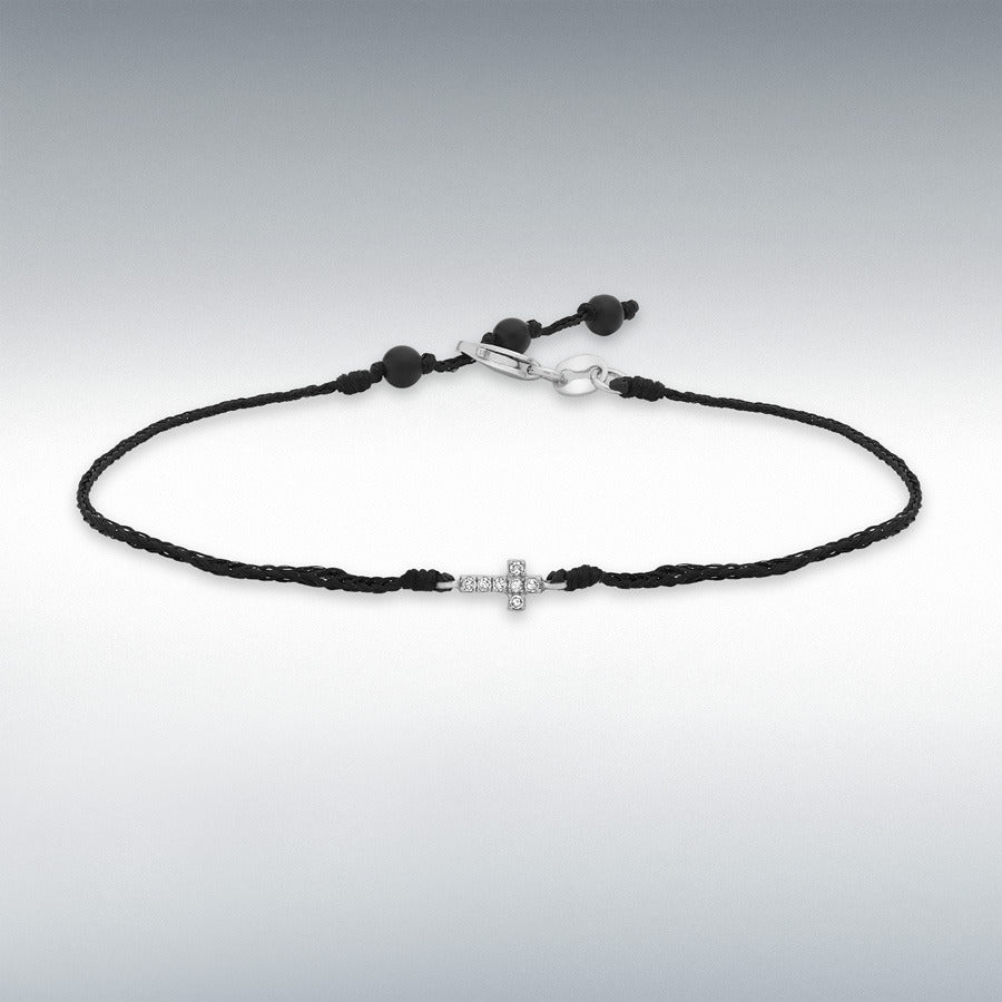 9ct White Gold Diamond Cross on Adjustable Black String Bracelet, 0.04ct total