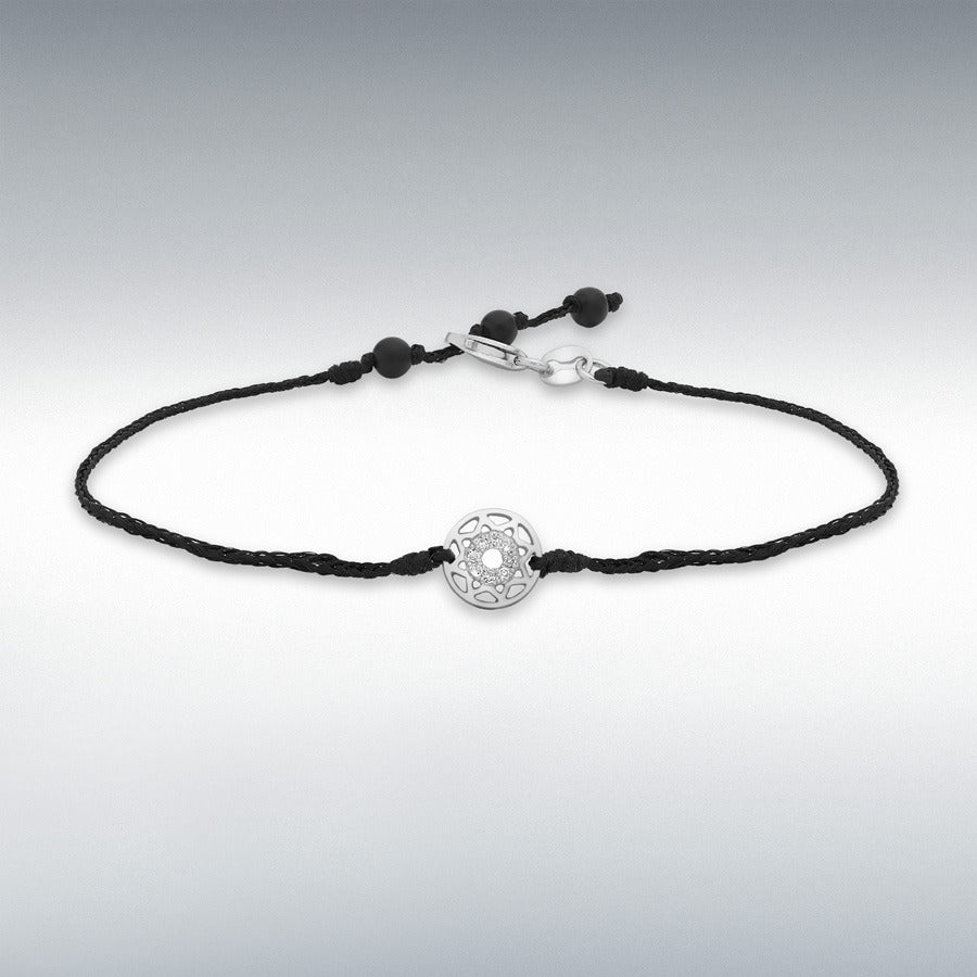 9ct White Gold Diamond Disc on Adjustable Black Cord Bracelet, 0.04ct total