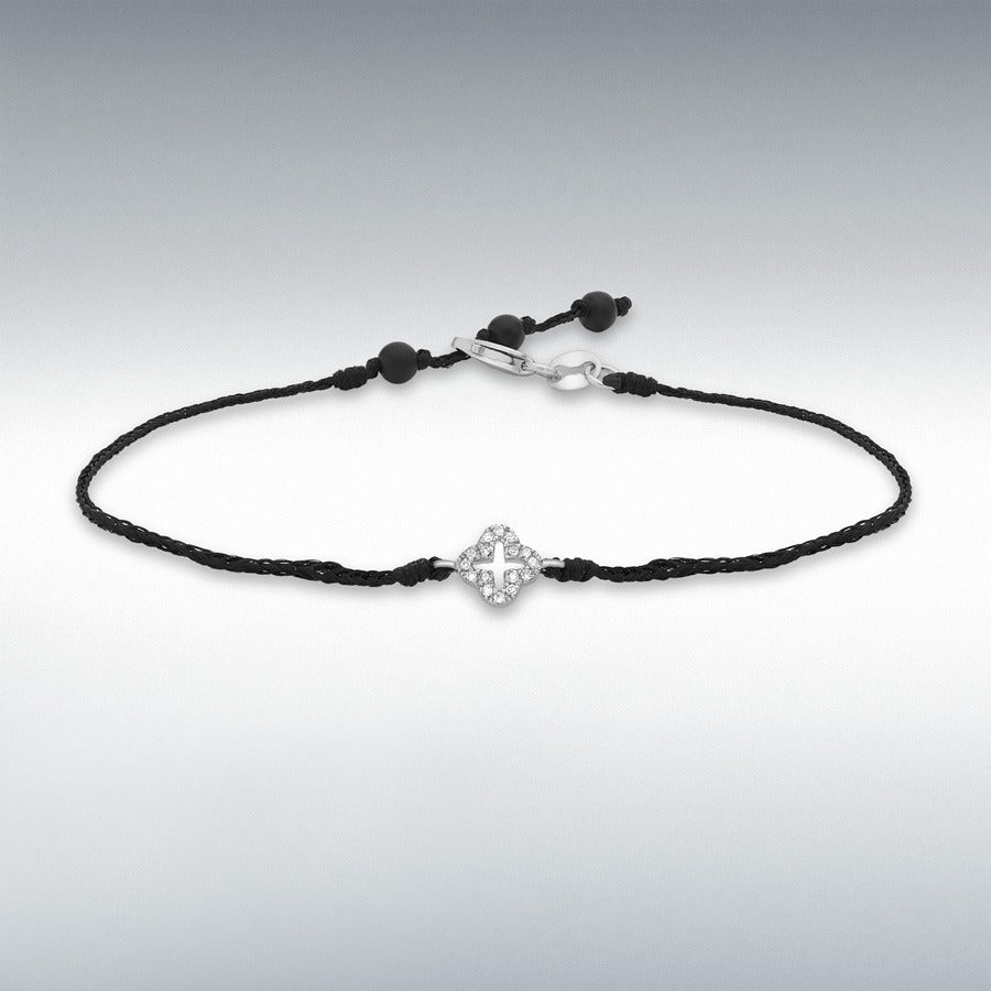 9ct White Gold Diamond Flower Cross on Adjustable Black String Bracelet, 0.04ct total