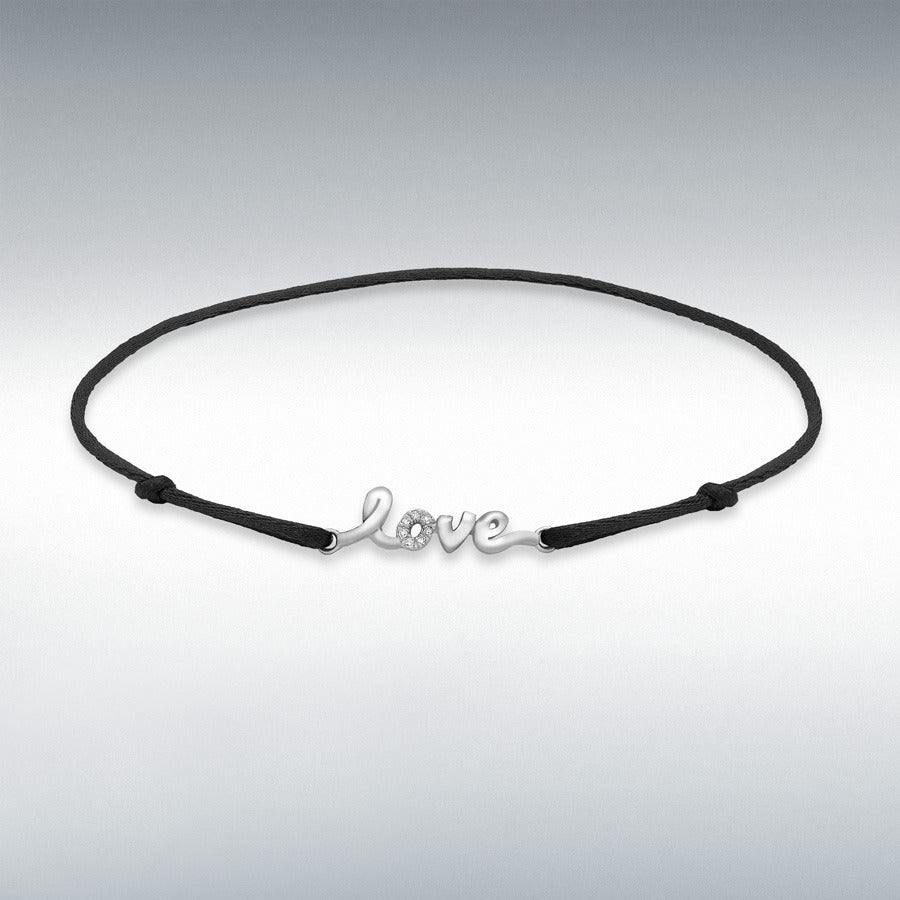 9ct White Gold Diamond Love on Adjustable Black Silk Bracelet, 0.03ct total