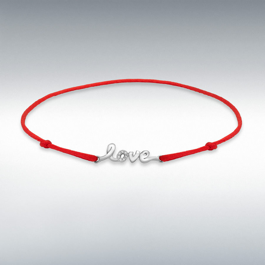 9ct White Gold Diamond Love on Adjustable Red Silk Bracelet, 0.03ct total