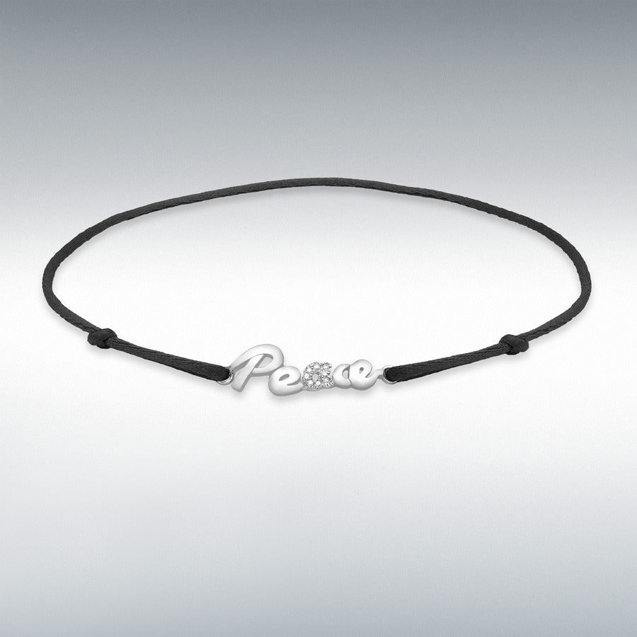 9ct White Gold Diamond Peace on Adjustable Black Silk Bracelet, 0.03ct total