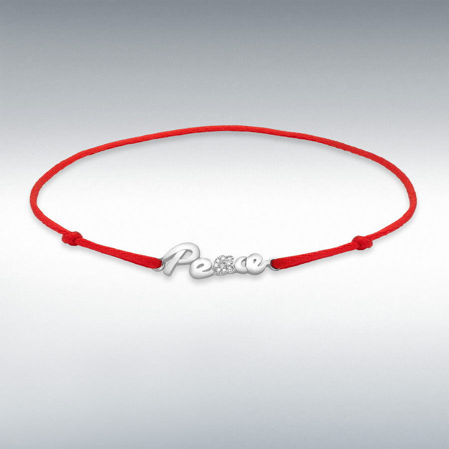 9ct White Gold Diamond Peace on Adjustable Red Silk Bracelet, 0.03ct total