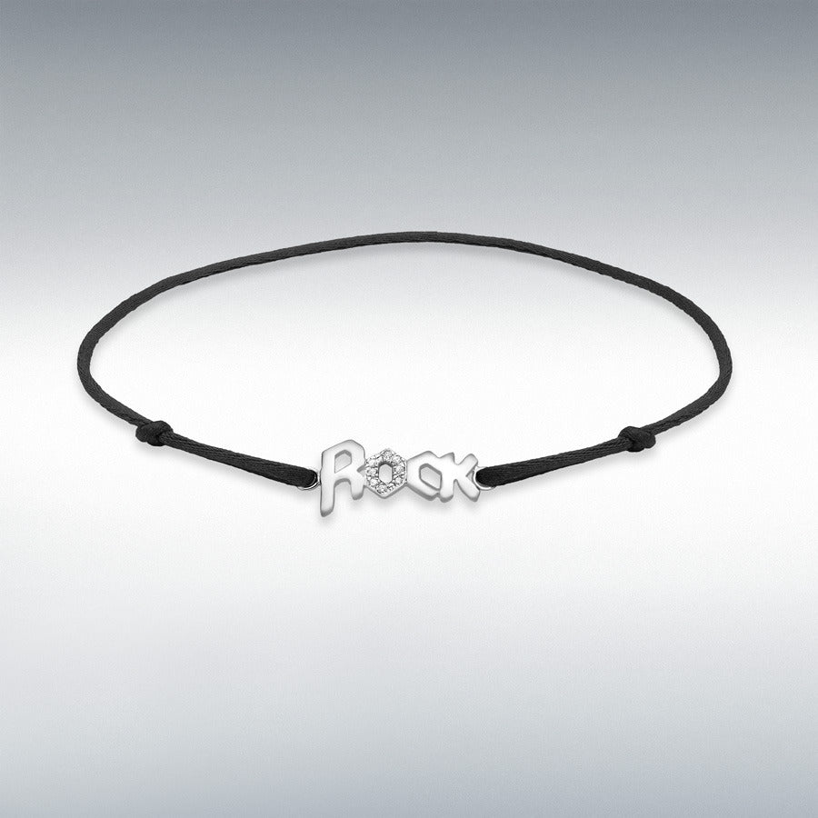 9ct White Gold Diamond Rock on Adjustable Black Silk Bracelet, 0.03ct total