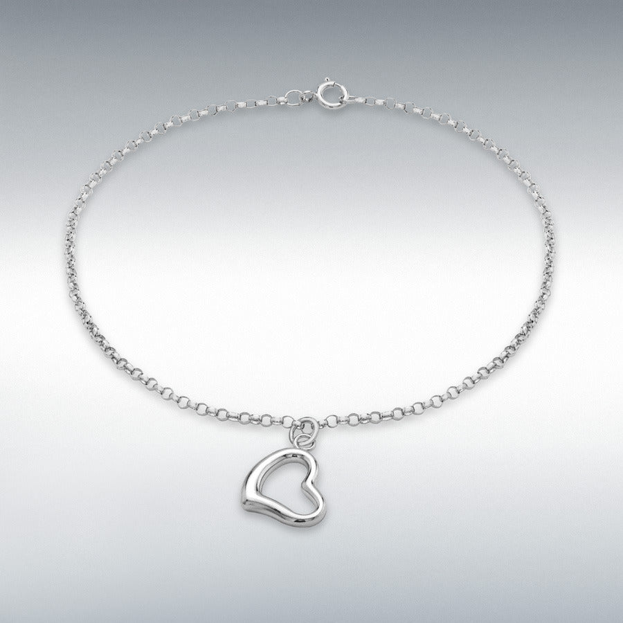 9ct White Gold Heart Charm Round Belcher Chain Bracelet