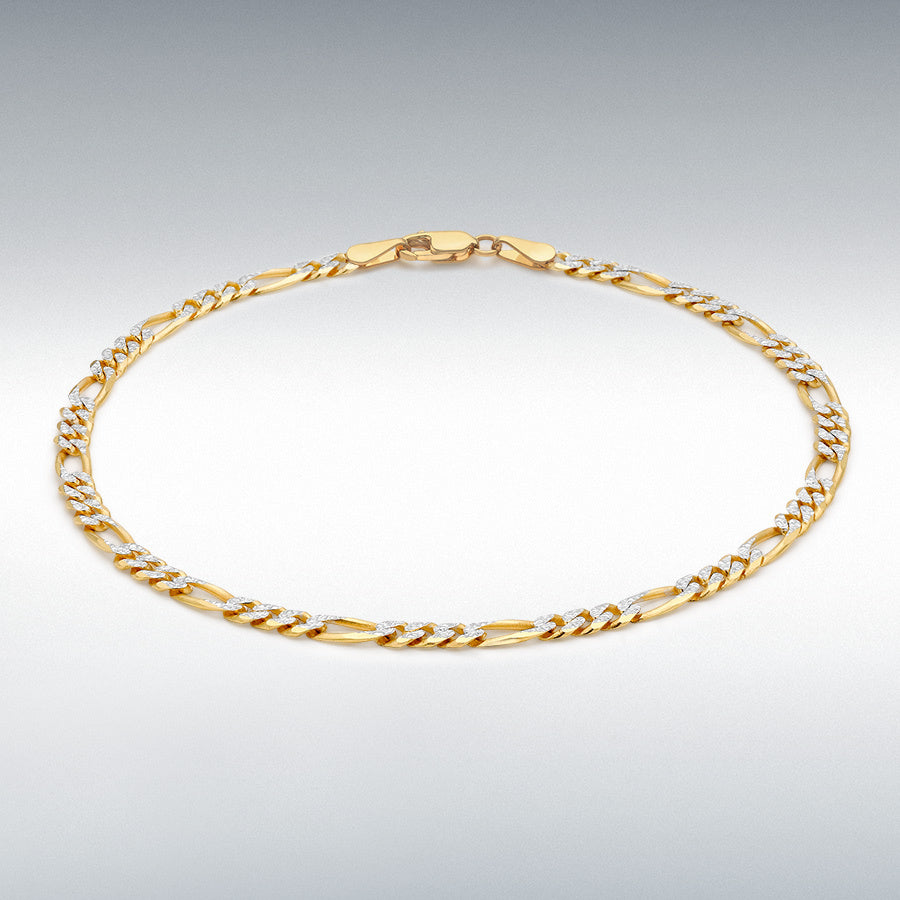 9ct Yellow and White Gold 3mm Diamond-Cut Figaro Bracelet, 18cm