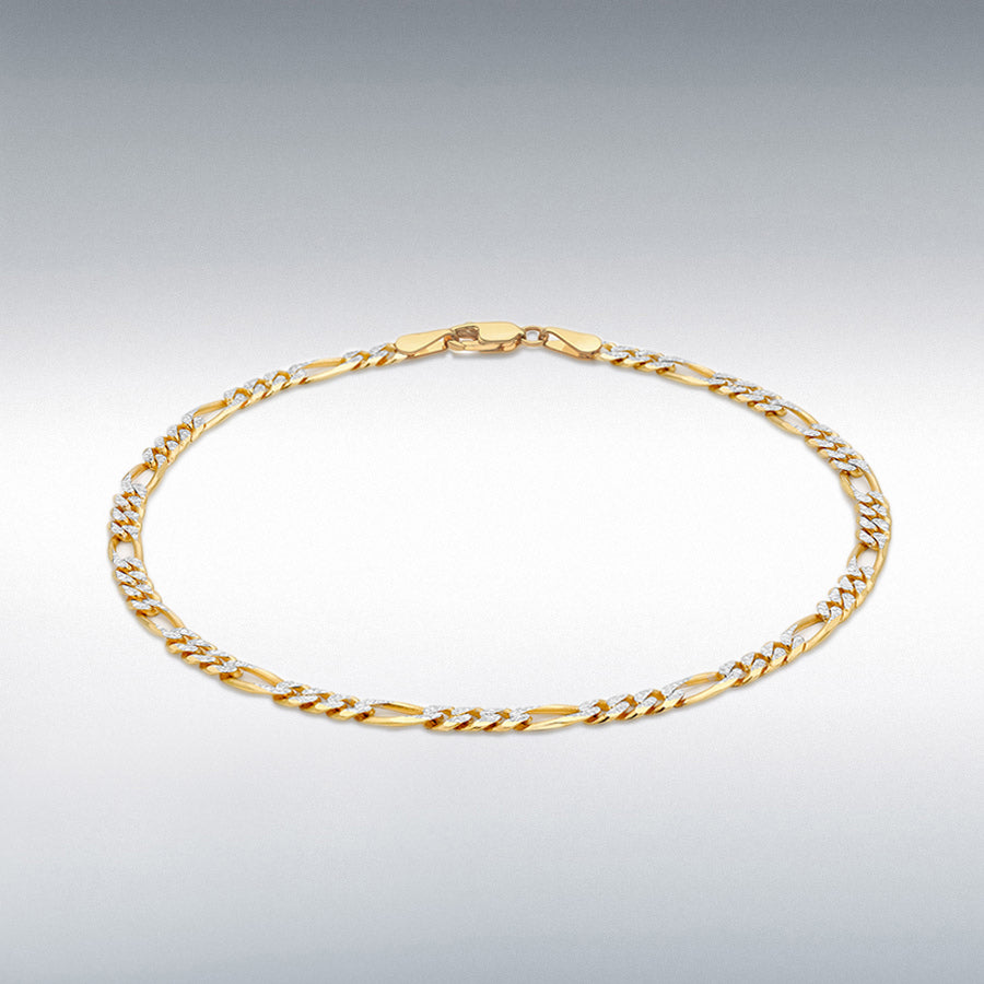 9ct Yellow and White Gold 3mm Diamond-Cut Figaro Bracelet, 19cm