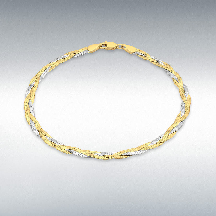9ct Yellow and White Gold Diamond-Cut 3-Plait Herringbone Bracelet