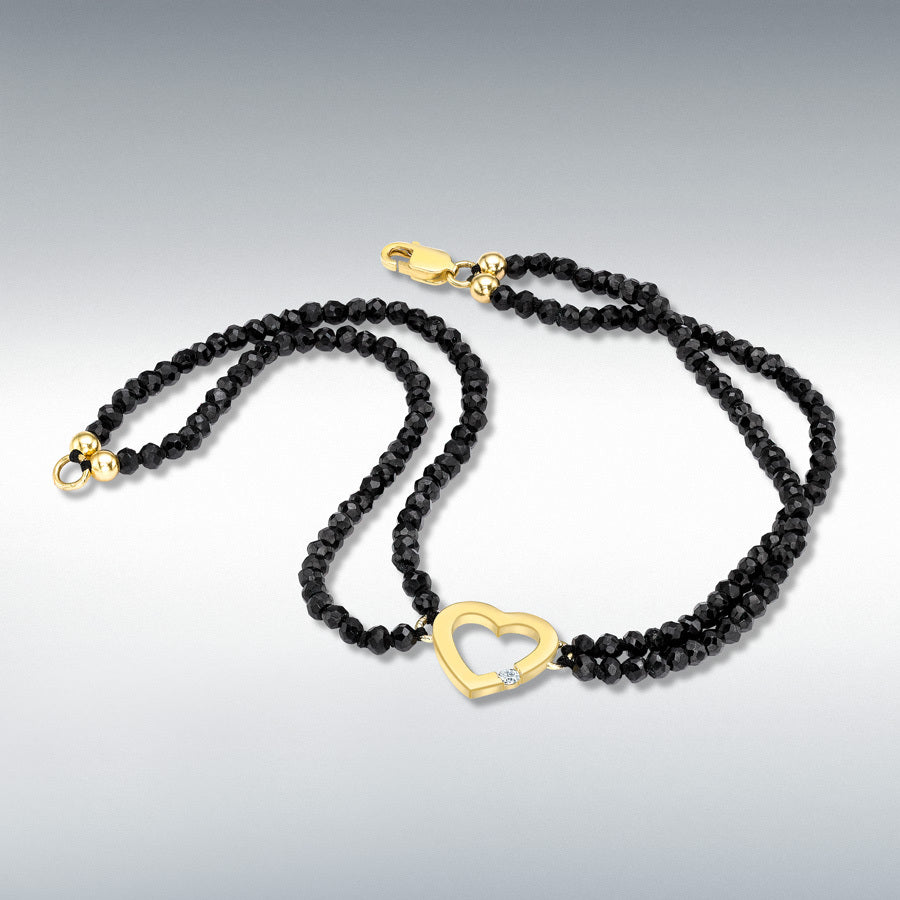 9ct Yellow Gold 10mm Diamond Heart Charm on Black Spinel Bracelet, 0.03ct total